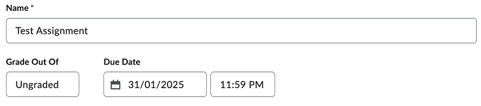 Screen capture image of the Edit Assignment screen in Brightspace, with three text entry fields labelled Name, Grade Out Of, Due Date