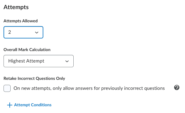 Screenshot showing the Attempts dialogue box and the Attempts Allowed, and Overall Grade Calculation drop-down boxes