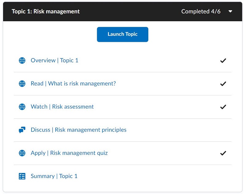 Screenshot of the learner Content screen in Brightspace. The image depicts the page names for Topic 1 Risk management: *Overview – Topic 1; Read – What is risk management? ; Watch – Risk assessment; Discuss – Risk management principles; Apply – Risk management quiz; Summary – Topic 1; 