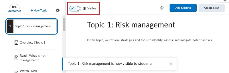 Screenshot of the content page in Brightspace. The image depicts the visibility toggle at the top of the page. As the visibility toggle is on, the topic is visible to students.