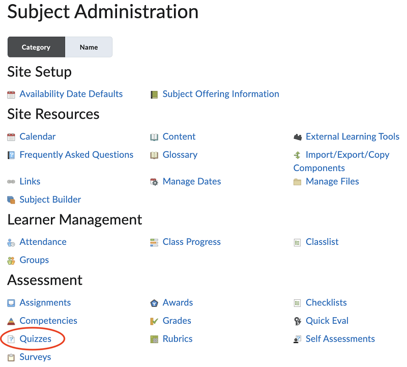 Screenshot of the Subject Administration screen with Quizzes circled