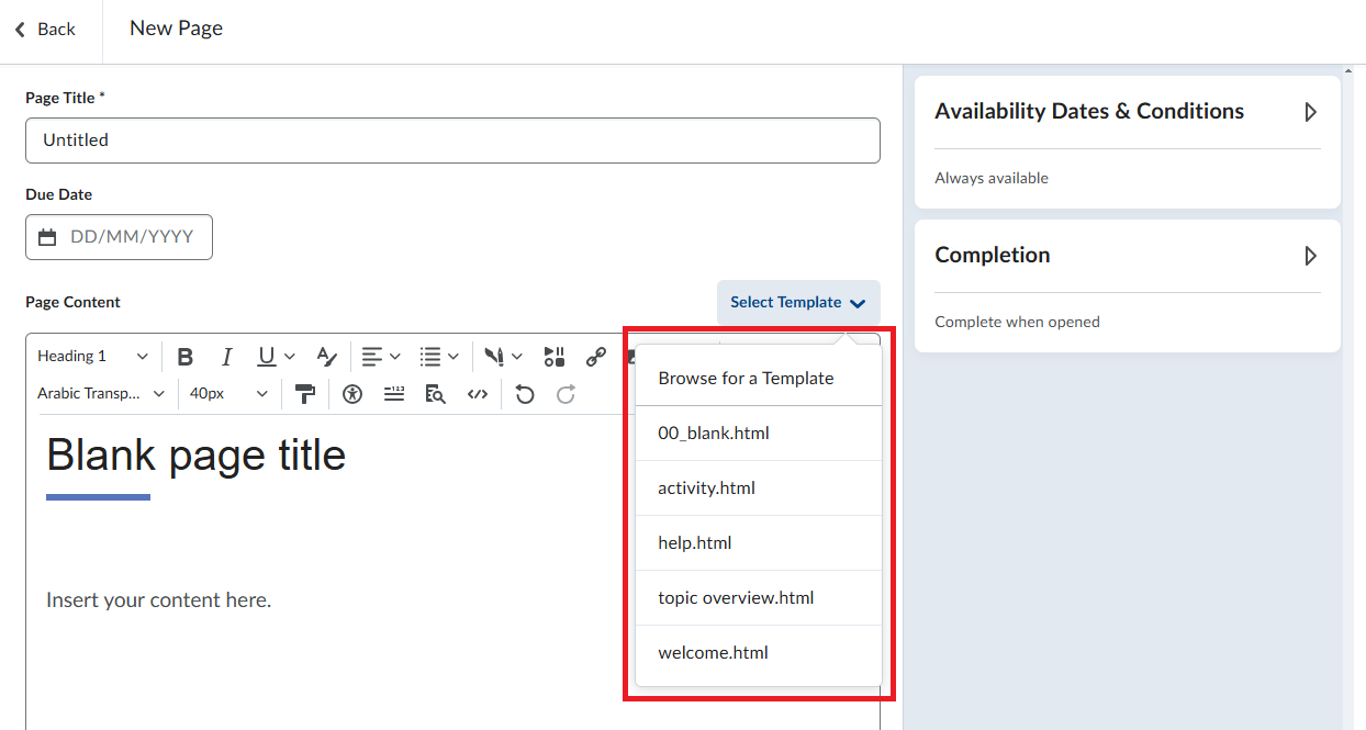 Screenshot of the HTML file page Brightspace. Select Template has been clicked and the following options are available: -Browse for a template -00.blank.html -Activity.html -Help.html -Topic overview.html -Welcome.html