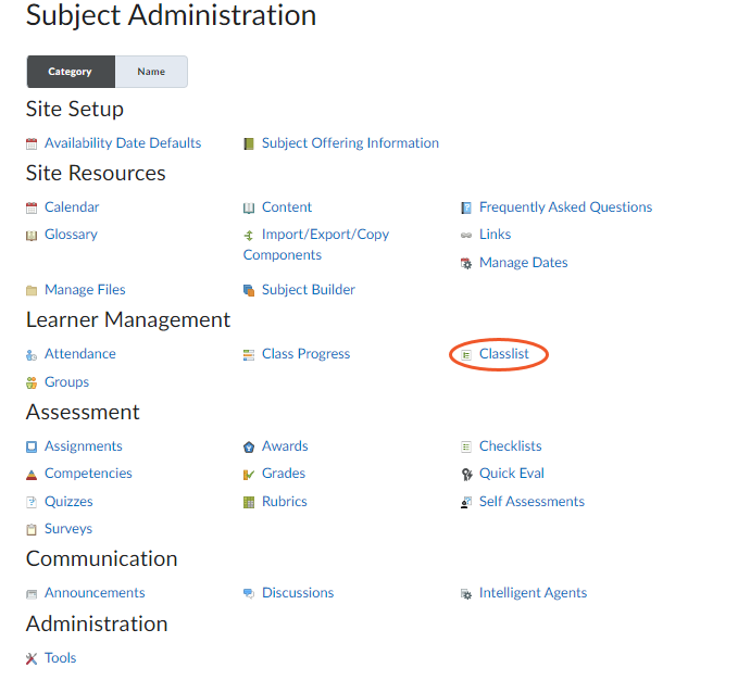 Screenshot showing the Subject Administration screen with Classlist circled in red