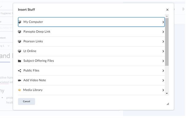Screenshot the Insert Stuff pop-up in Brightspace