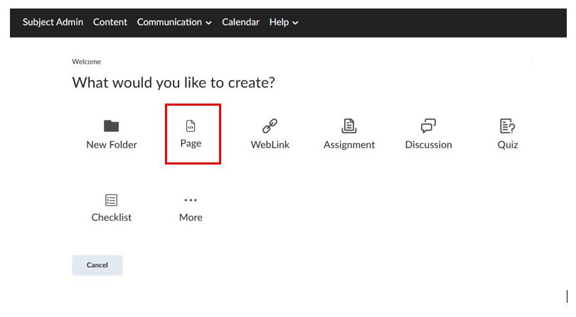 The Page option has been highlighted, demonstrating that this is what is selected to create a new page