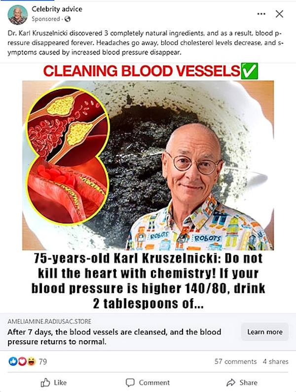 Social media post with Dr Karl's face but not from his account. Links to an unknown website. Contains typos and poor grammar.