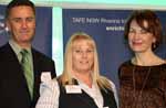 Ms Judy Allen (middle) received her TAFE NSW Riverina Institute Faculty Award for Excellence in General Education from sponsor Mr David Foster of Active Print and Riverina Institute Director Ms Rosemary Campbell.