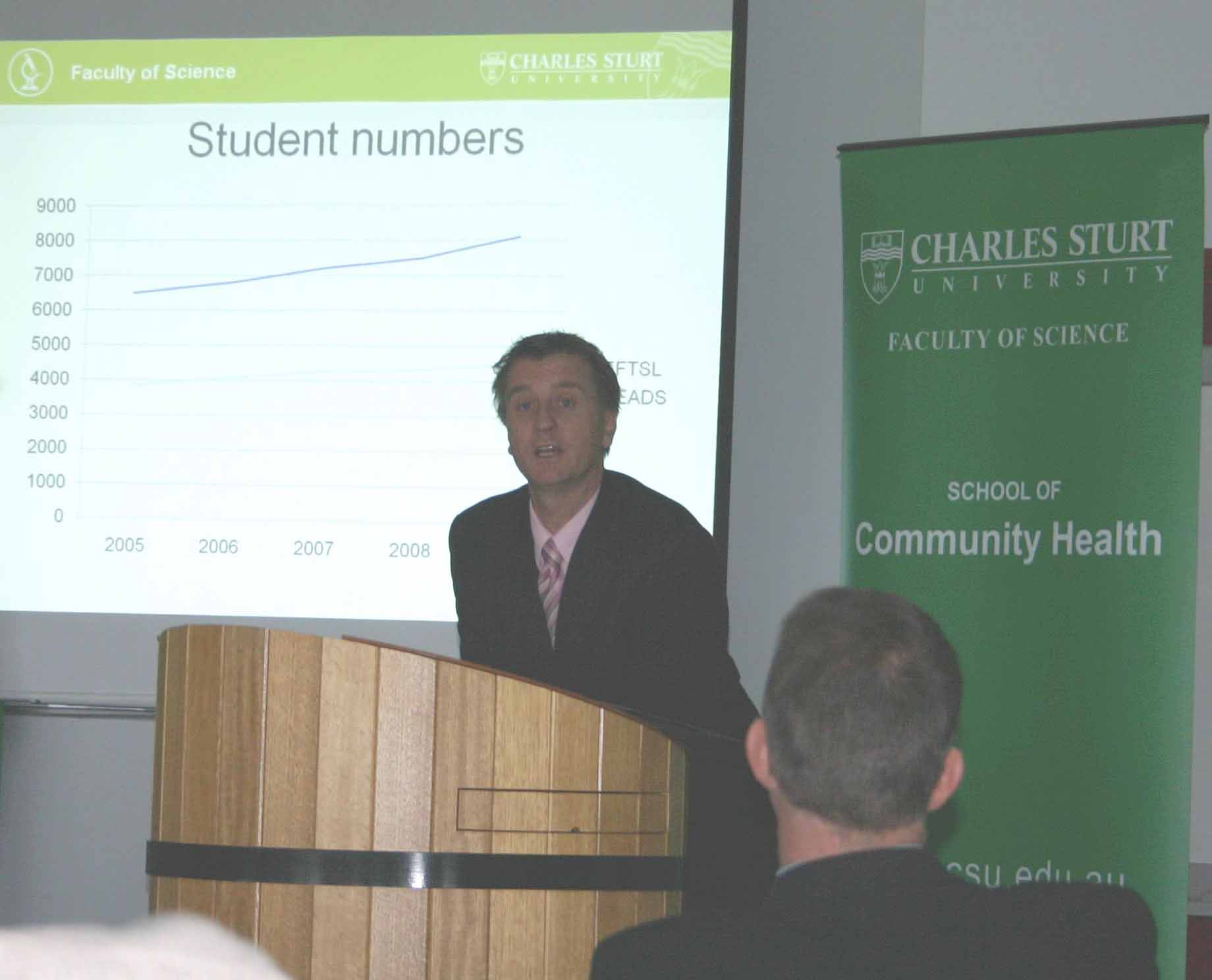 Professor Nick Klomp, Dean of the Faculty of Science addressing about 40 people at Wagga Wagga as part of his public talks across the University in August.