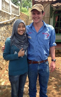 CSU student Mr Elliott O'Farrell with an Indonesian student in Cimaung village photo courtesy Mr Elliott O'Farrell