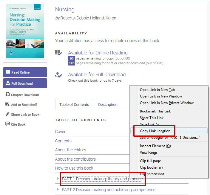 screen sample of the EBL website with the right click menu open and 'copy link location' highlighted