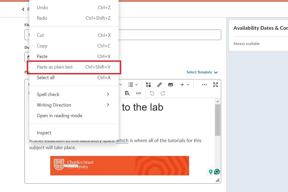 Screenshot the HTML editor in Brightspace. After right-clicking, the paste as plain text option is visible