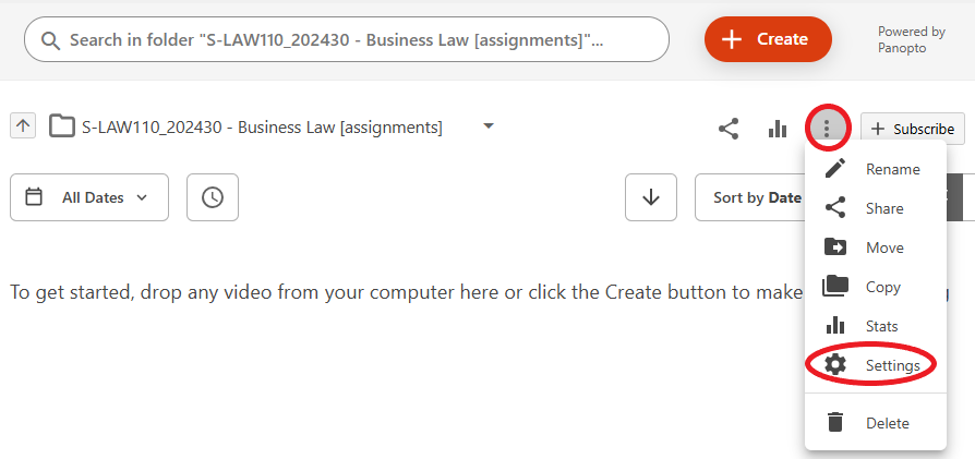 The video assignments folder in Panopto