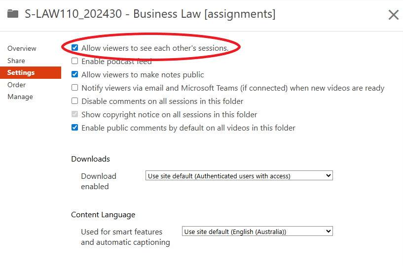 Settings for video assignments folder in Panopto