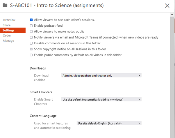 Settings for video assignments folder in Panopto