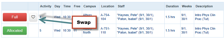 Timetable interface screenshot highlighting the swap button