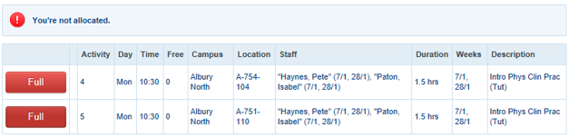 Timetable interface screenshot of allocation notice showing all classes are full.