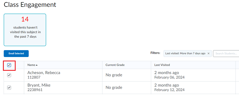 Screenshot of the Class Engagement tool with the checkbox at the top of the table selected.