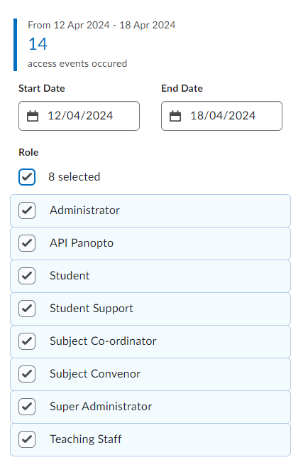 Screenshot from the Subject Access Dashboard depicting how filter by roles.