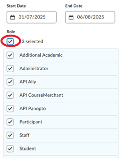 Screenshot from the Subject Access Dashboard depicting how filter by roles.