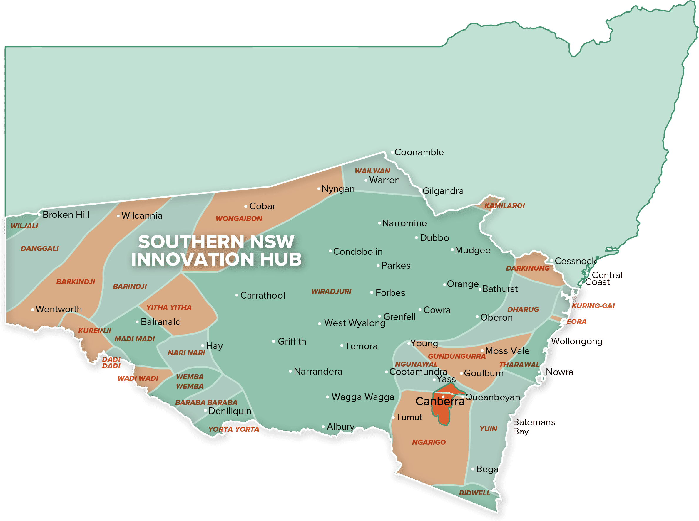Map of Southern NSW Innovation Hub region including First Nations countries