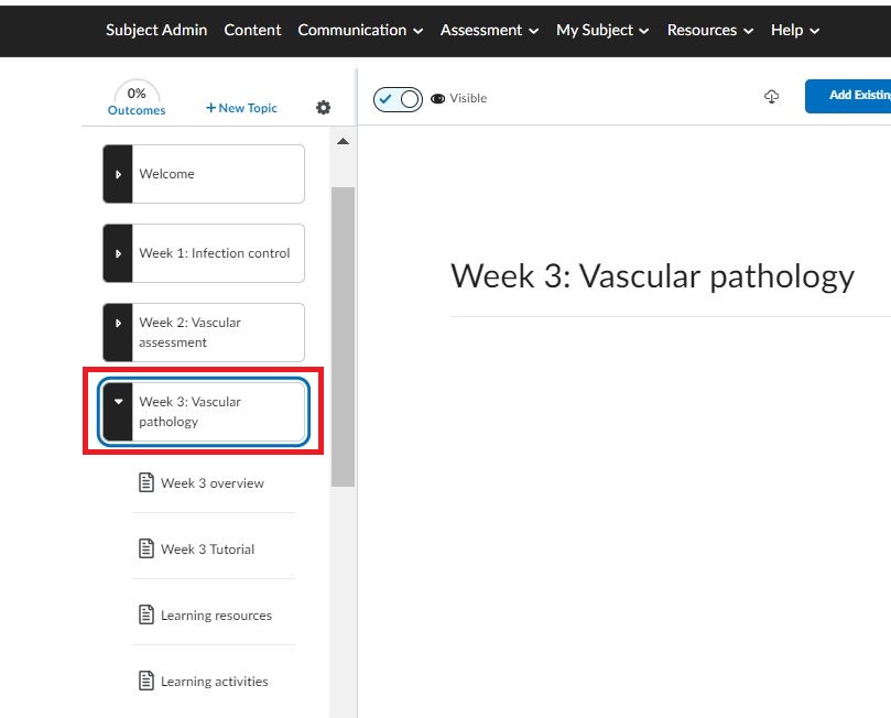 Screenshot of the Content tool in Brightspace. A topic is highlighted, followed by four HTML pages arranged beneath it. This image illustrates the difference in hierarchical structure between topics and html pages